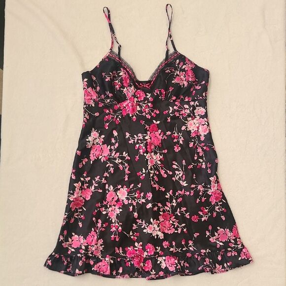Apt. 9 Pink Black Floral Chemise Lace Trim Slip Dress Small Y2K Summer Mini - Picture 1 of 6